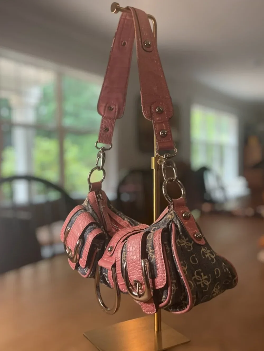 Vintage Guess Denim and Pink Snakeskin Baguette Shoulder Bag Y2K Aesthetic RARE